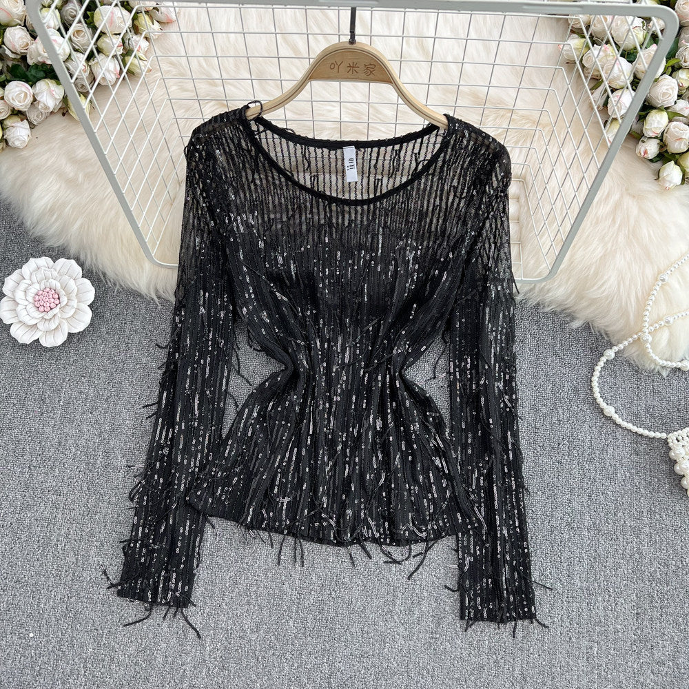 Womens Casual Loose Top With Round Neck Tassels And Sequins