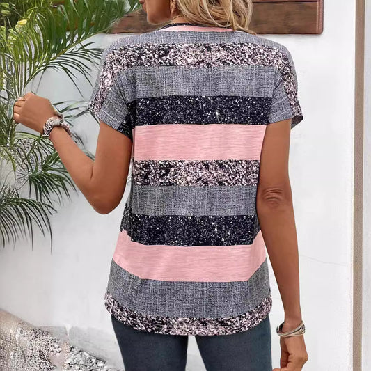 Europæisk og Amerikansk Sommer Kortærmet Stribet V-hals 3D Printet Casual T-shirt