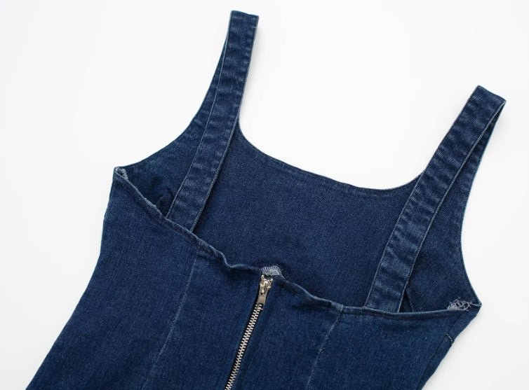 Women's French Style Slim Fit Backless Back Slit Sling Denim Long Dress