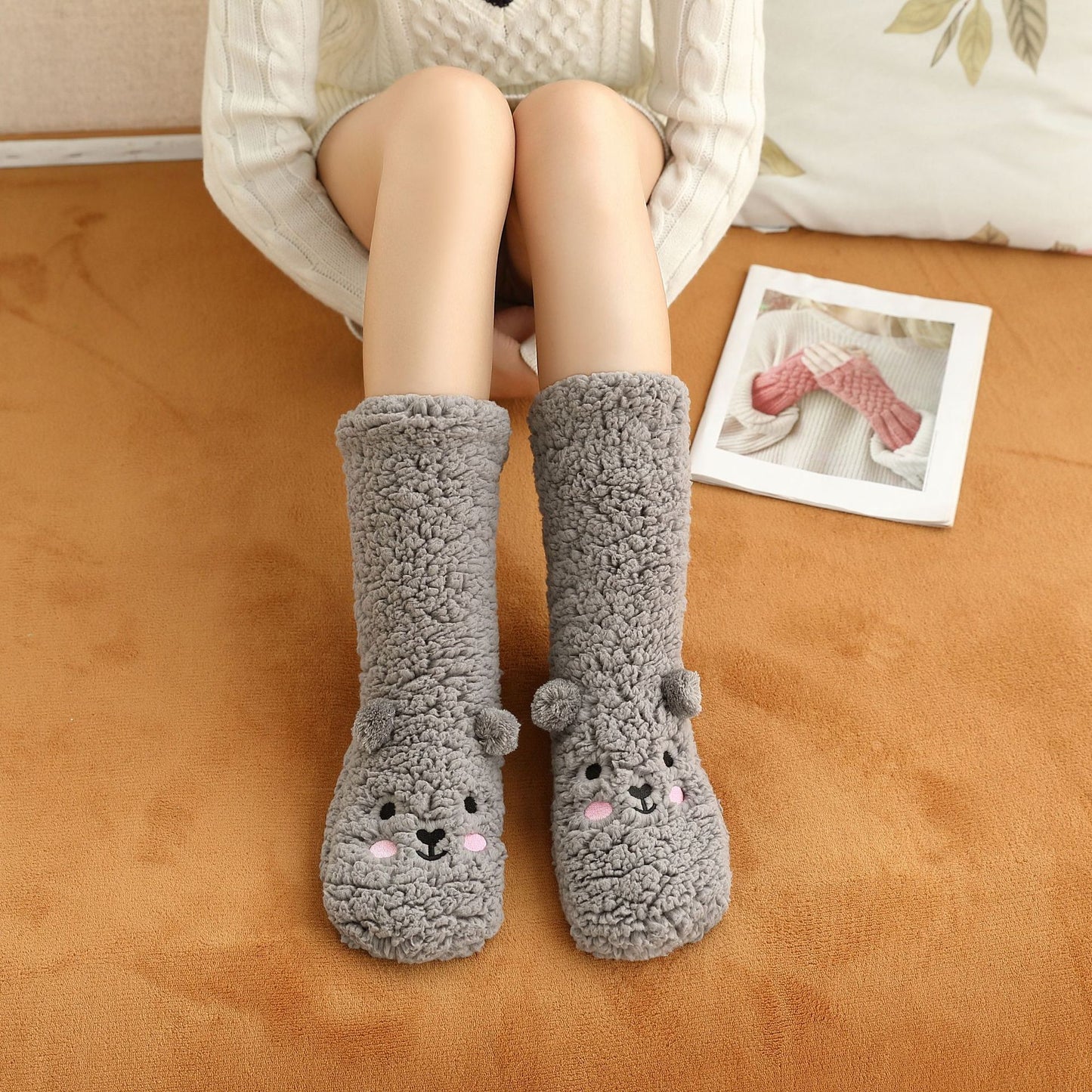 Lamb Velvet Bear Cute Embroidered Floor Shoes Warm Socks