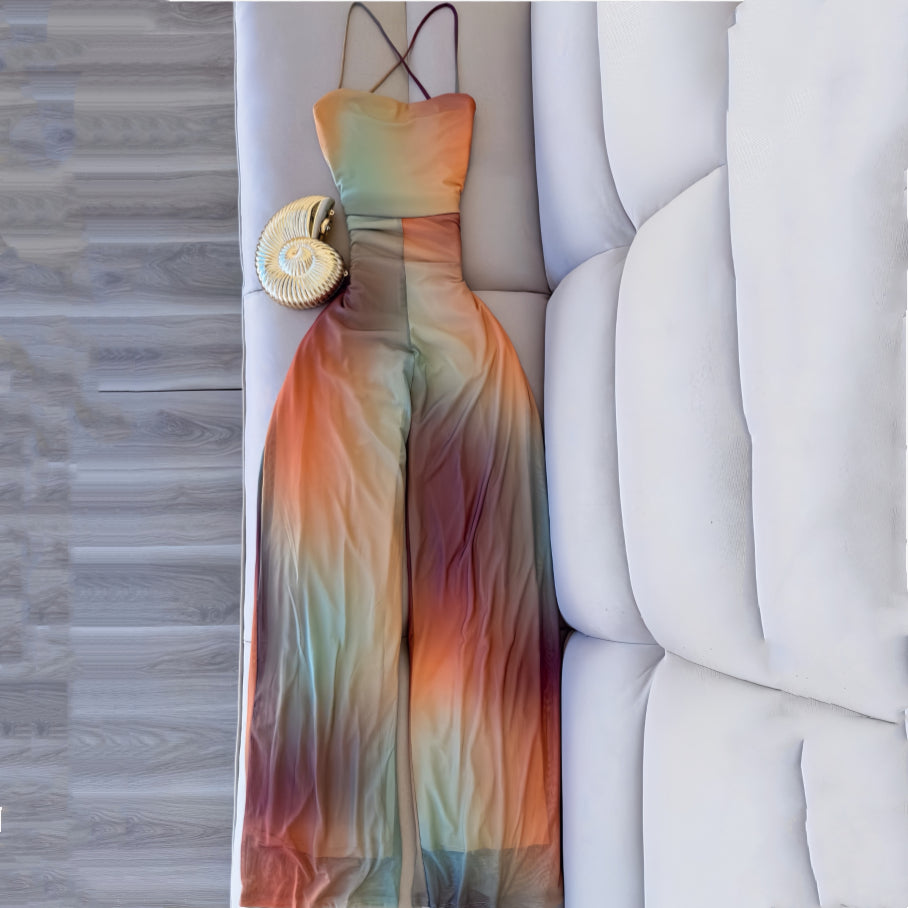 Off-the-shoulder Back-tie Open-back Ombre Womens Jumpsuit