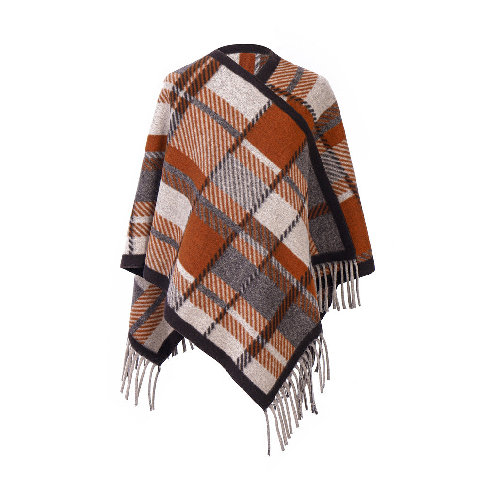 European And American Camel Tassel Plaid Shawl