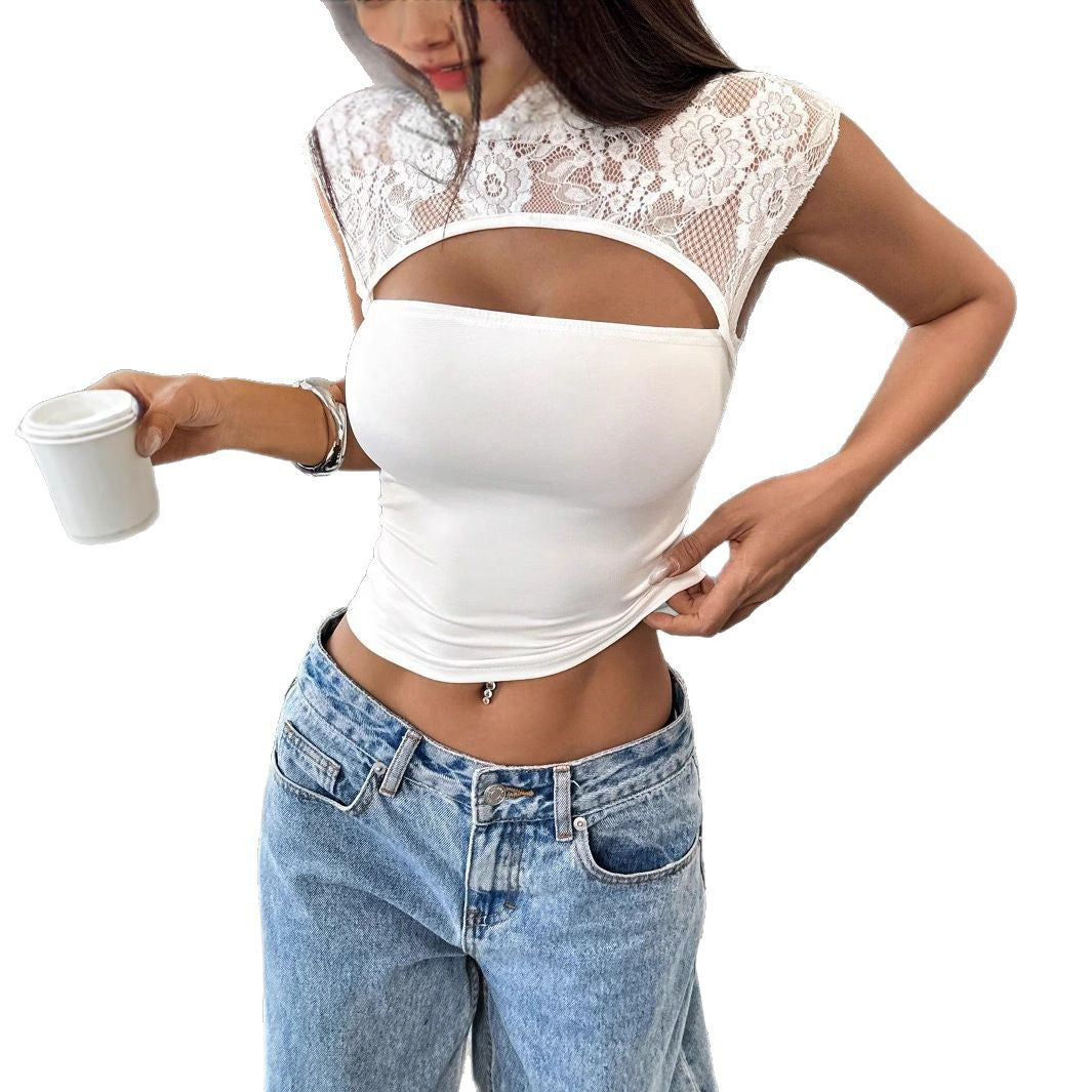Sexy Lace Spliced Slim Hollow-out Short Top For Hot Girls