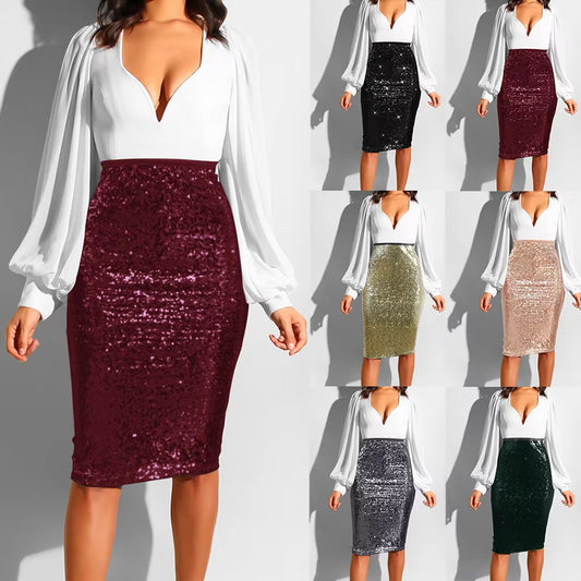 Women's Pure Color Sequins Fashion High Waist Slim Fit Hip Raise Casual Skirt