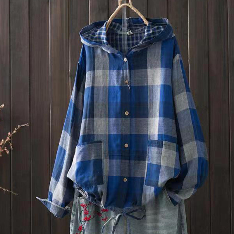 New Korean-style Oversized Artistic Retro Casual Plaid Cotton-linen Double-layer Shirt With A Hood