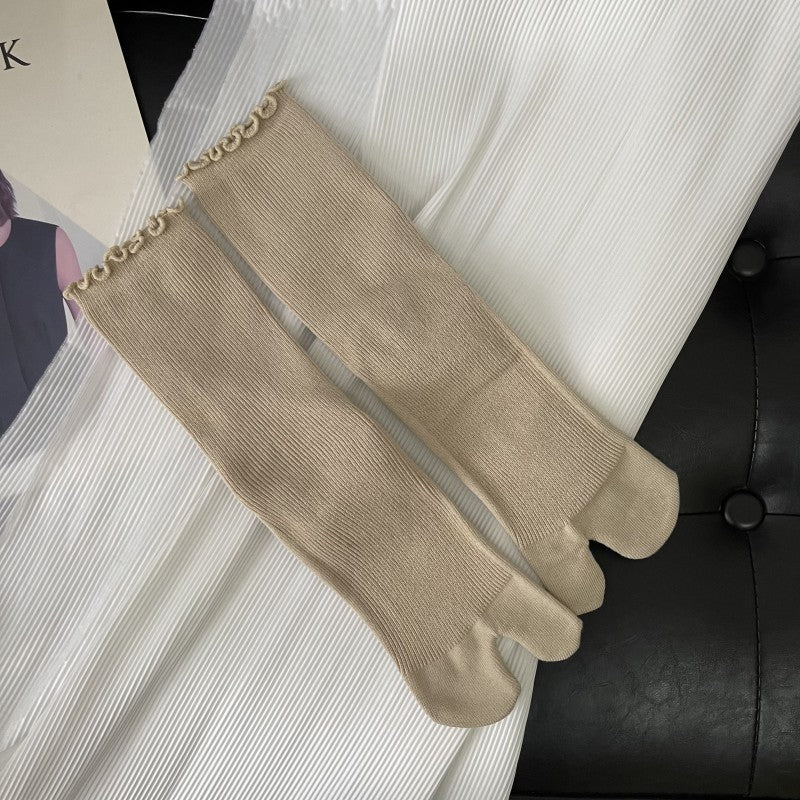 Split Toe Wooden Ear Double Needle Thin Sprout Solid Color Mid-calf Length Socks Bunching Socks Artistic Women's Socks