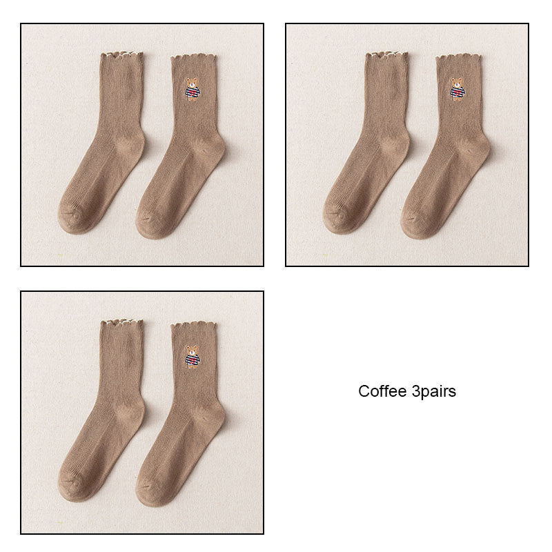 Women's Bear Embroidered Fungus Lace Mid Tube Socks
