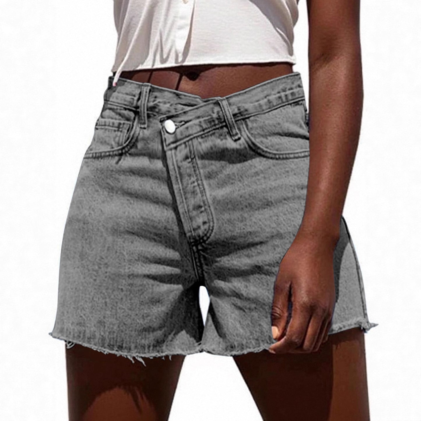 Irregular Slant-waist Raw-edge Denim Shorts