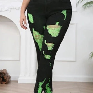 Denim Trousers High Waist Ripped Contrast Color