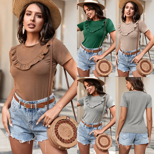 European And American Solid Color Fungus Edge Stitching Short-sleeved T-shirt