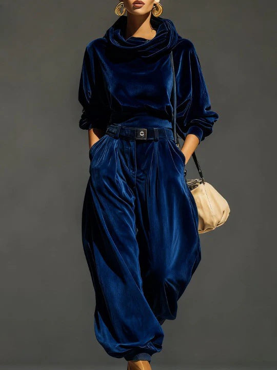 Velvet Hooded Long-sleeve With Tapered Pants Casual Set For Women
