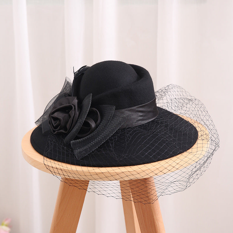 Large Eaves Wool Felt Wool Hat Autumn And Winter Banquet Ladies Warm Mesh Yarn