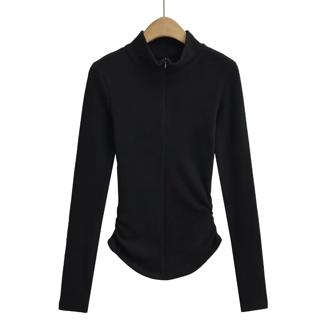 High Collar Half Zipper Stretch Slim-fit Thin Velvet Long Sleeve