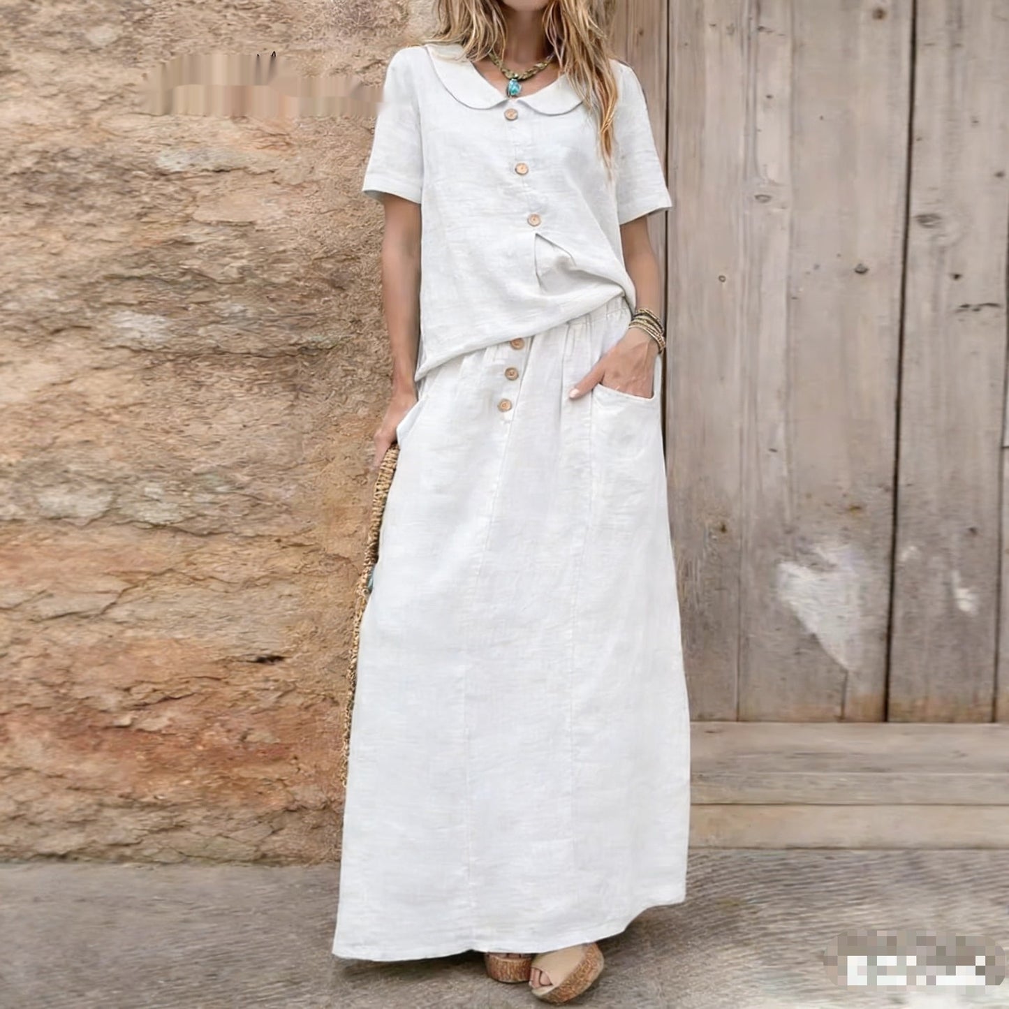 Womens Casual Solid-Colored Cotton-Linen Loose Two-Piece Skirt Set
