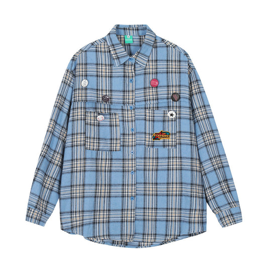 American Fashion Brand Badge Plaid Long Sleeve Shirt Outer Wear