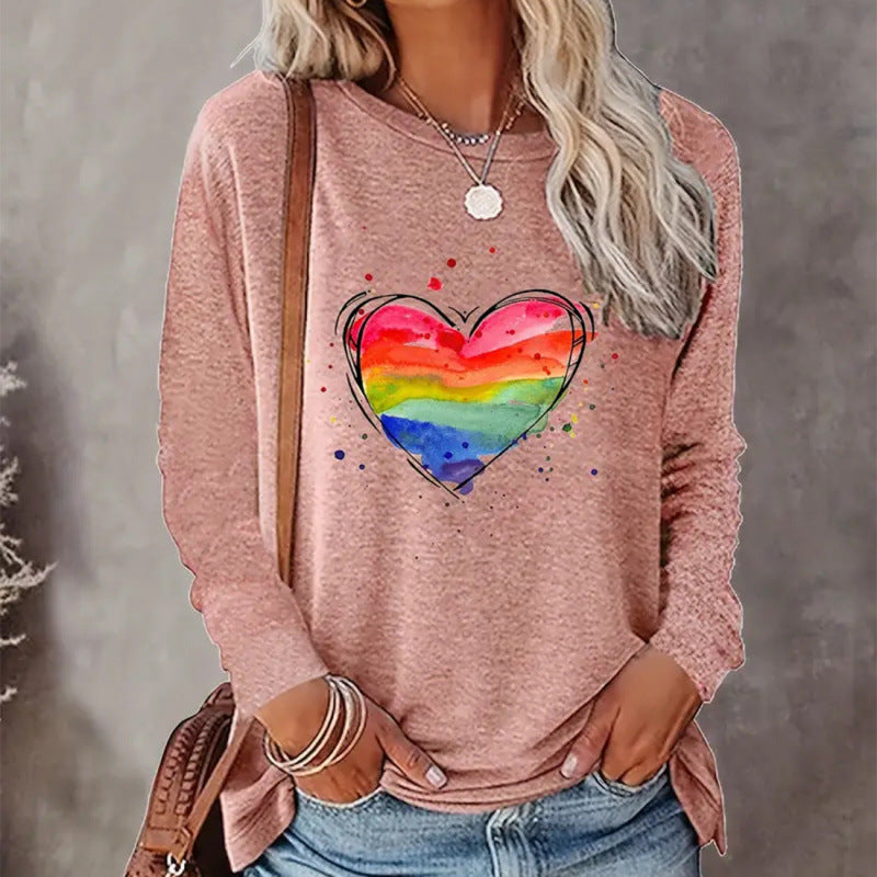 Gradient Color Long Sleeve Loose Fitting Casual Top With A Round Neck And A Heart Print