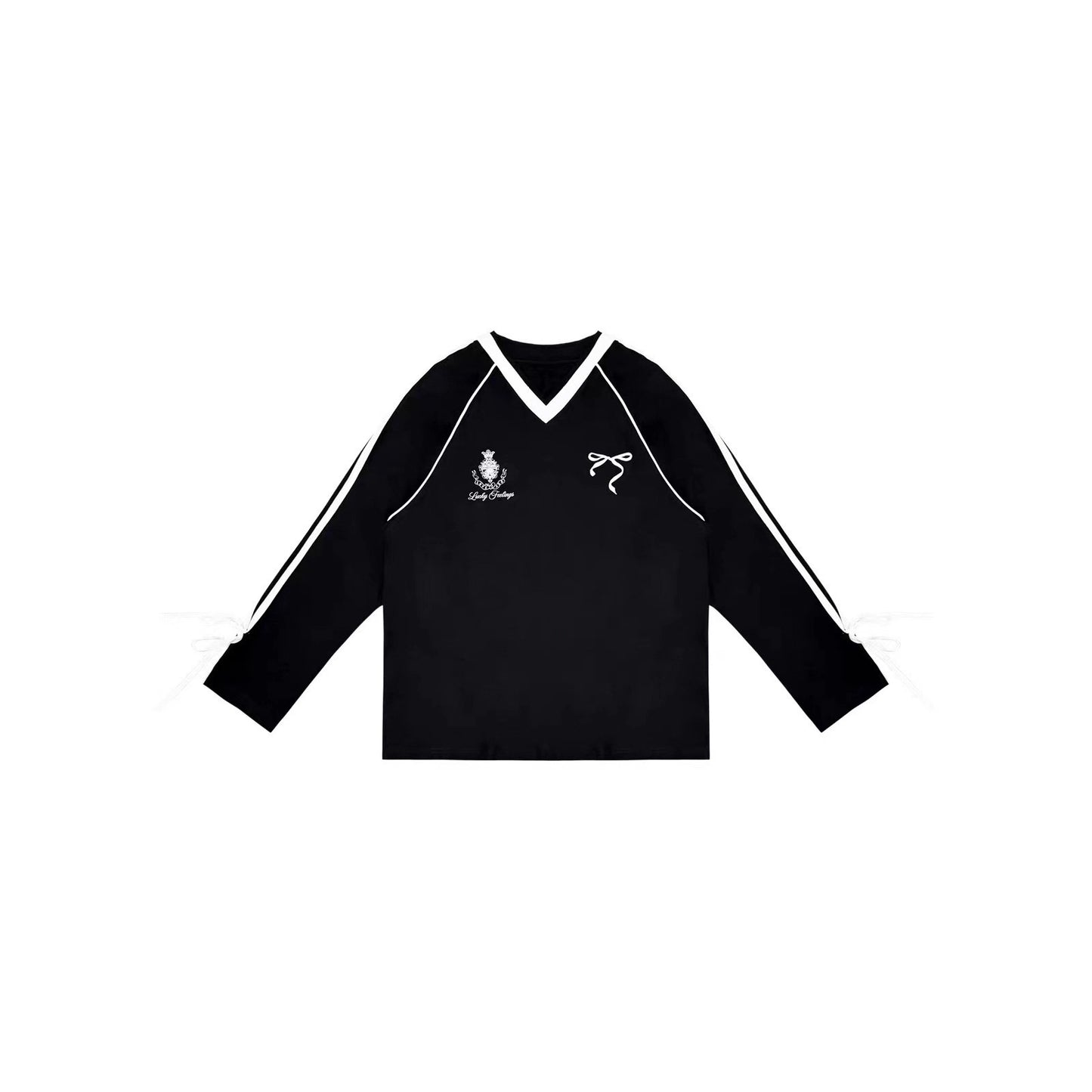 V-neck Tie Butterfly Long Sleeve Loose Sports Jersey Style T-shirt