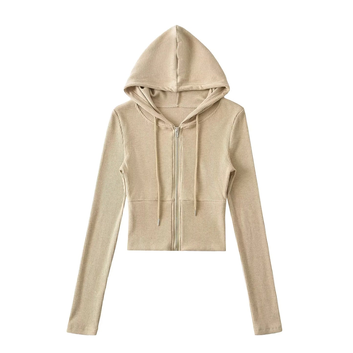 Sporty Casual Hooded Zip-up Waist-cinching Sweatshirt For A Slimming Effect