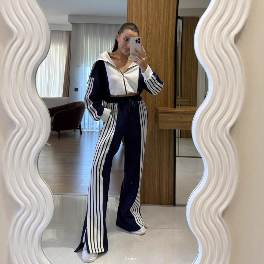 Womens Striped Coral-Fleece Patchwork Long-Sleeve Zip-Up Pants Set