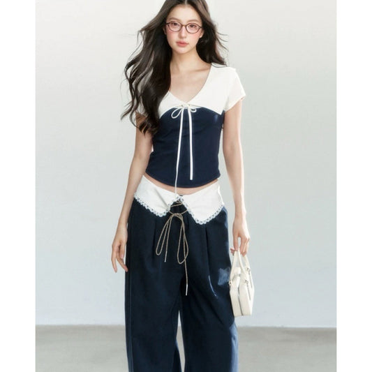Loose Leisure All-matching Thin T-shirt Purplish Blue Stitching Outerwear Top