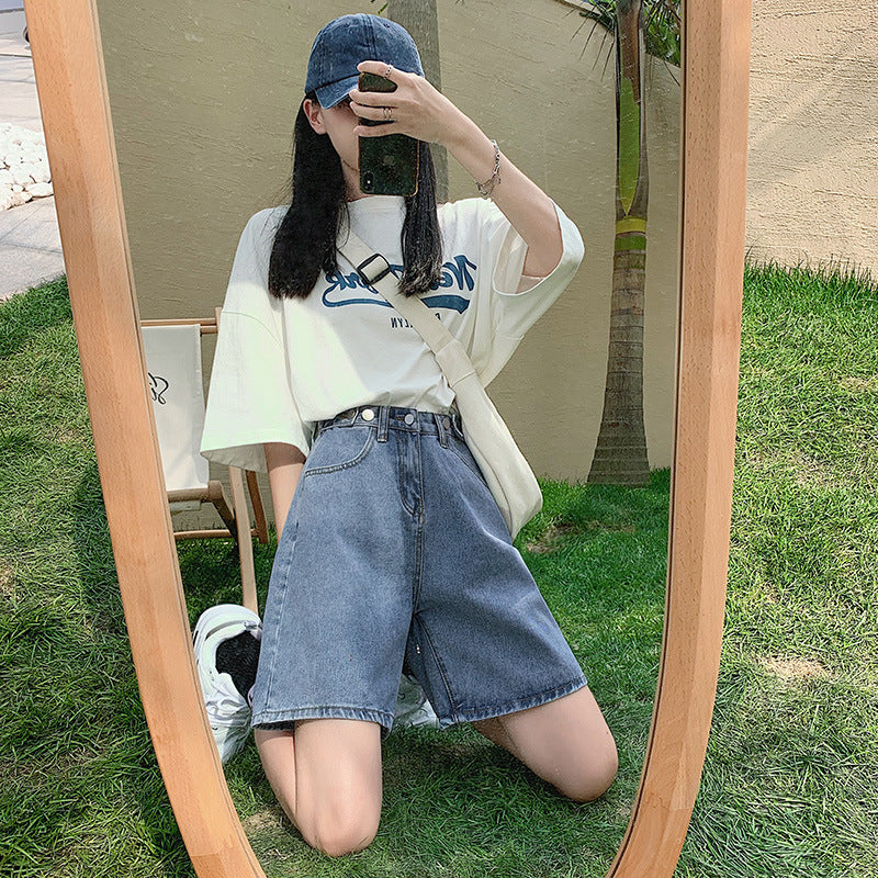 Dame High Waist Løse Denimshorts med Brede Ben