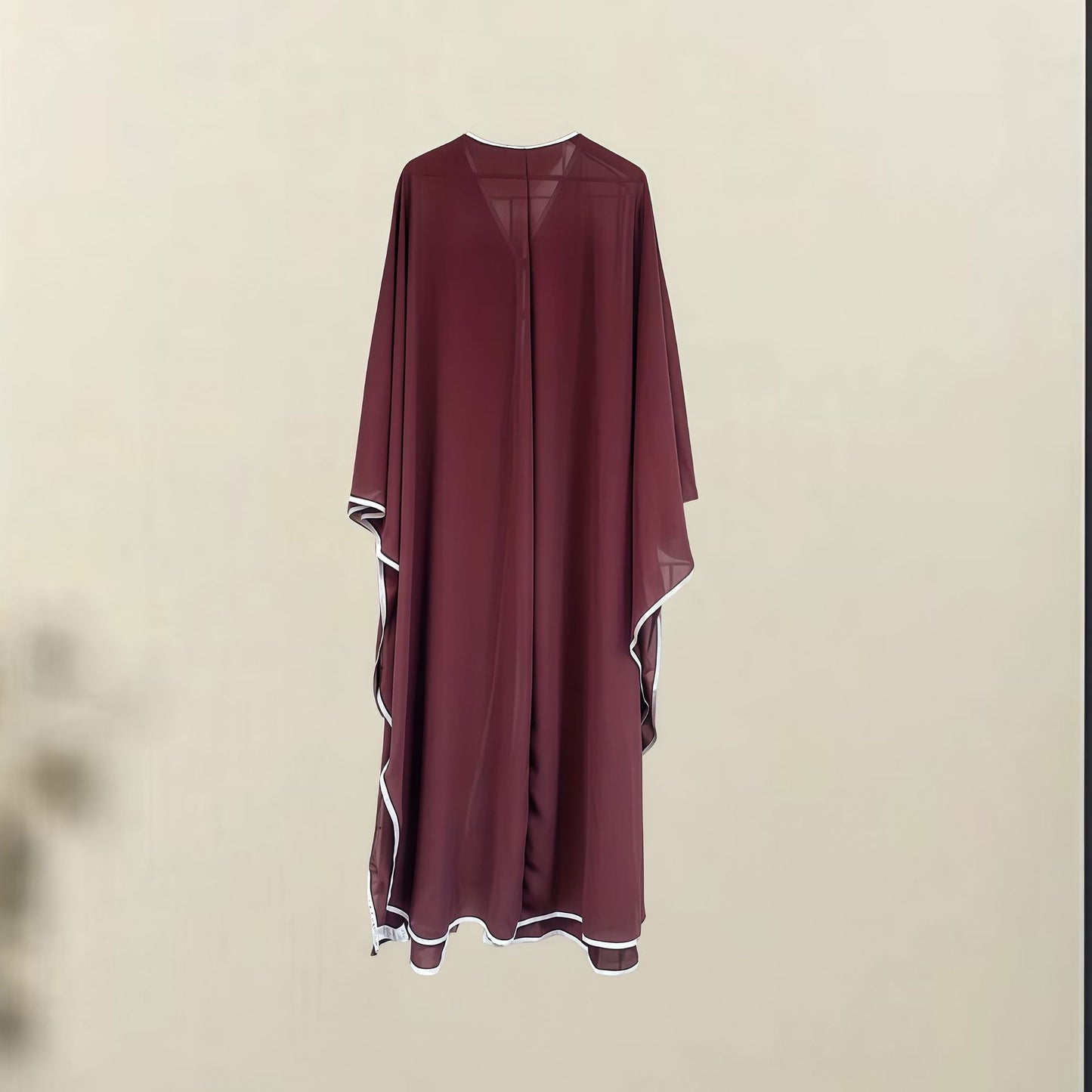 Elegant Long Robe With Batwing Sleeves And White Trim