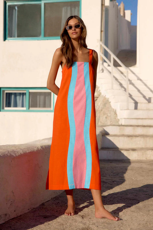 Strap Stripe Positioning Printed Mid Length Dress