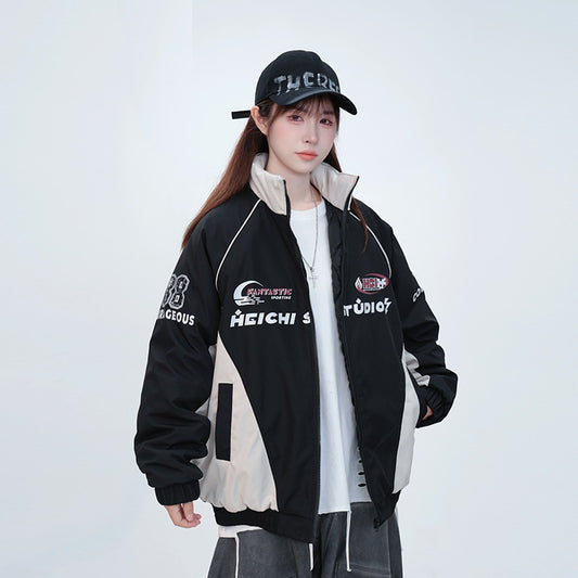 Retro Printing Color Contrast Stand Collar New Loose Casual Cotton-padded Jacket Coat