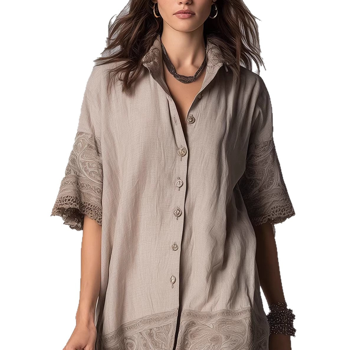 Womens Retro Cotton Heavy Embroidered Shirt With A Turn Down Collar And Single Breasted Button Closure