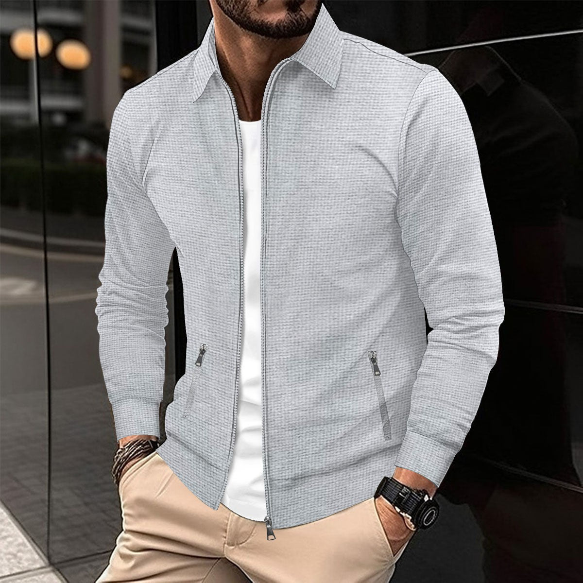 Mænds forårs- og efterårsjakke med vaffelstruktur, lynlåslommer, revers, slim-fit cardigan