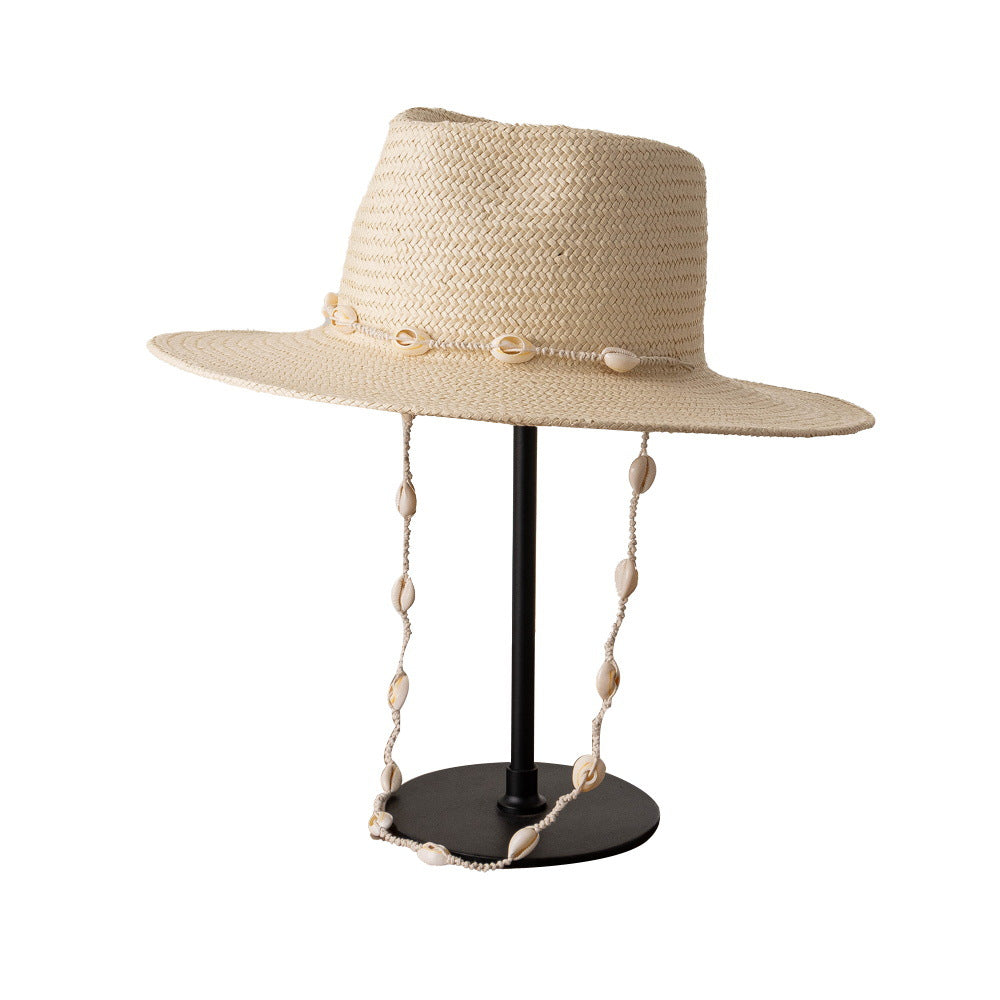 Retro Shell Tied Wide-brimmed Papyrus Jazz Hat Ladies Outdoor Sun Protection