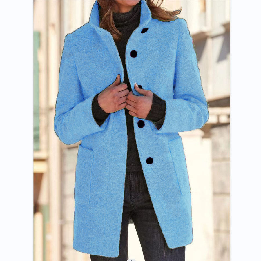 New Retro Solid Color Buttoned Turtleneck Wool Coat