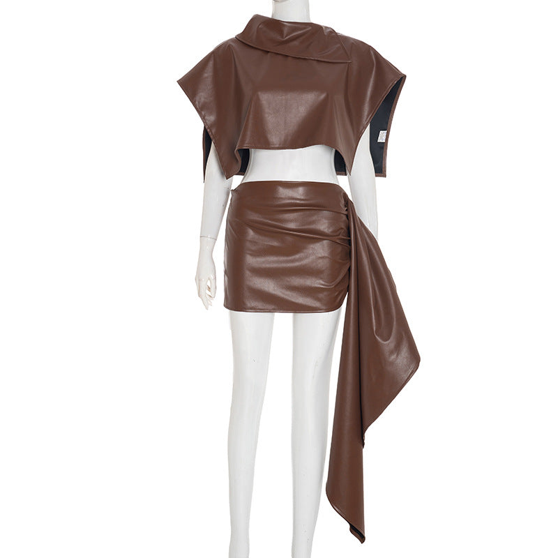 Women's Autumn And Winter New Sexy Irregular Top Ribbon Skirt Leather Suit