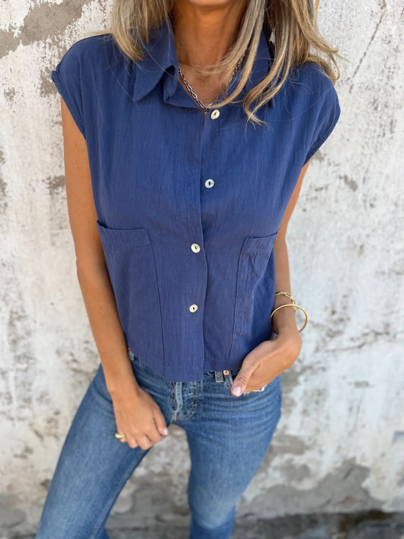 Casual Loose Short Sleeves Button Pocket Cotton Linen Shirt Women