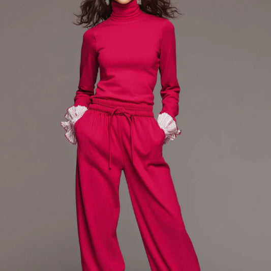 Fashionable Sporty Striped Ruffled Red Turtleneck Top And Wideleg Pants Set