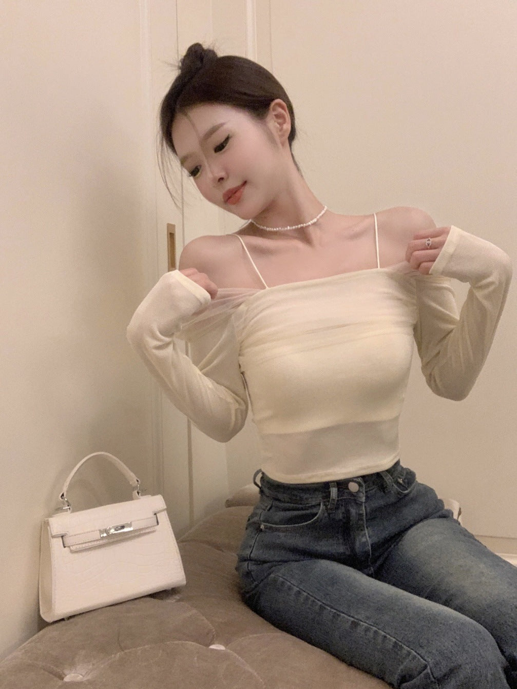 French Mesh Off-shoulder Long Sleeve Top