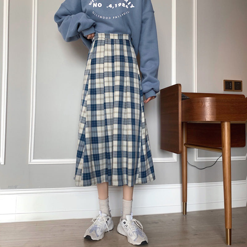 Women's High Waist Plaid Versatile Student Skirt