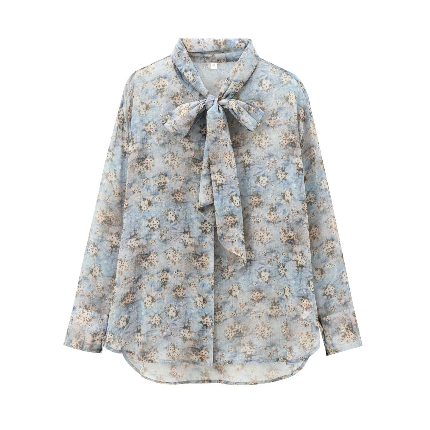 European And American Women's Clothing French Floral Tie Bow Long-sleeved Shirt