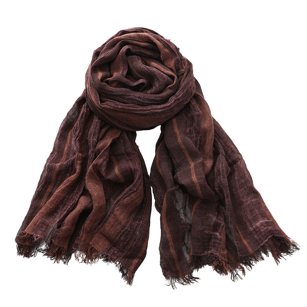 Retro Artistic Cotton And Linen Scarf Unisex Mixed Color Stripe Long