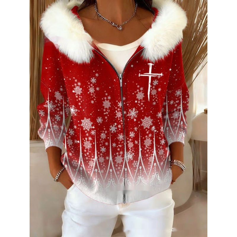 Stilfuld 3D Digital-Print Cardigan Til Damer Med Faux Fur Hætte