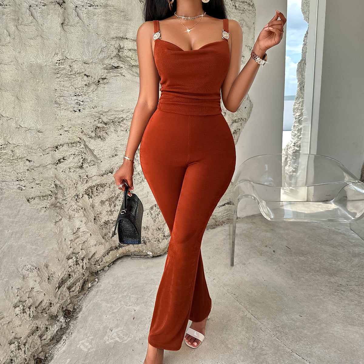 Dame Tøj Sommer Afslappet Stil Ensfarvet Sling Metal Jumpsuit