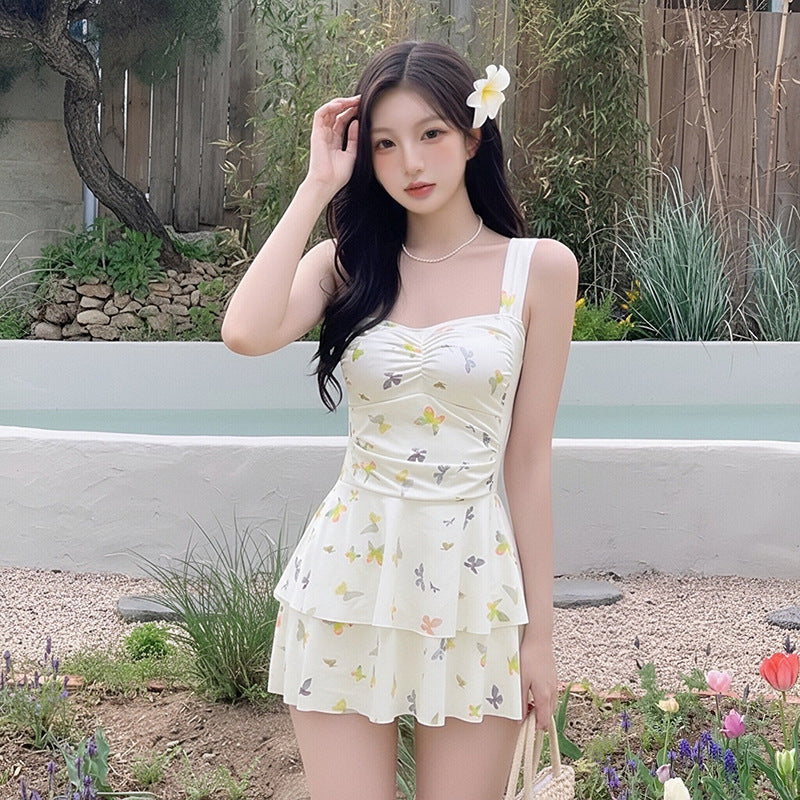 One-Piece Dress-Style Holiday Swimsuit With Butterfly Print