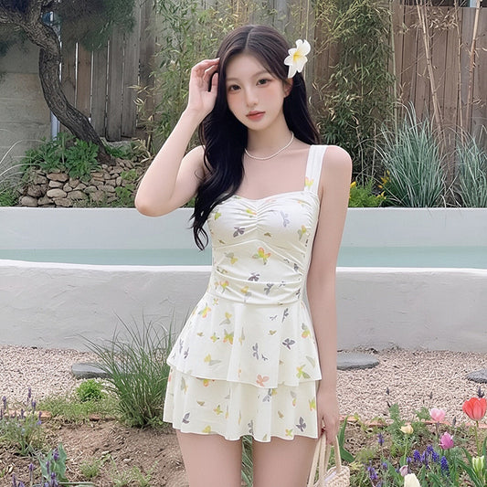 One-Piece Dress-Style Holiday Swimsuit With Butterfly Print