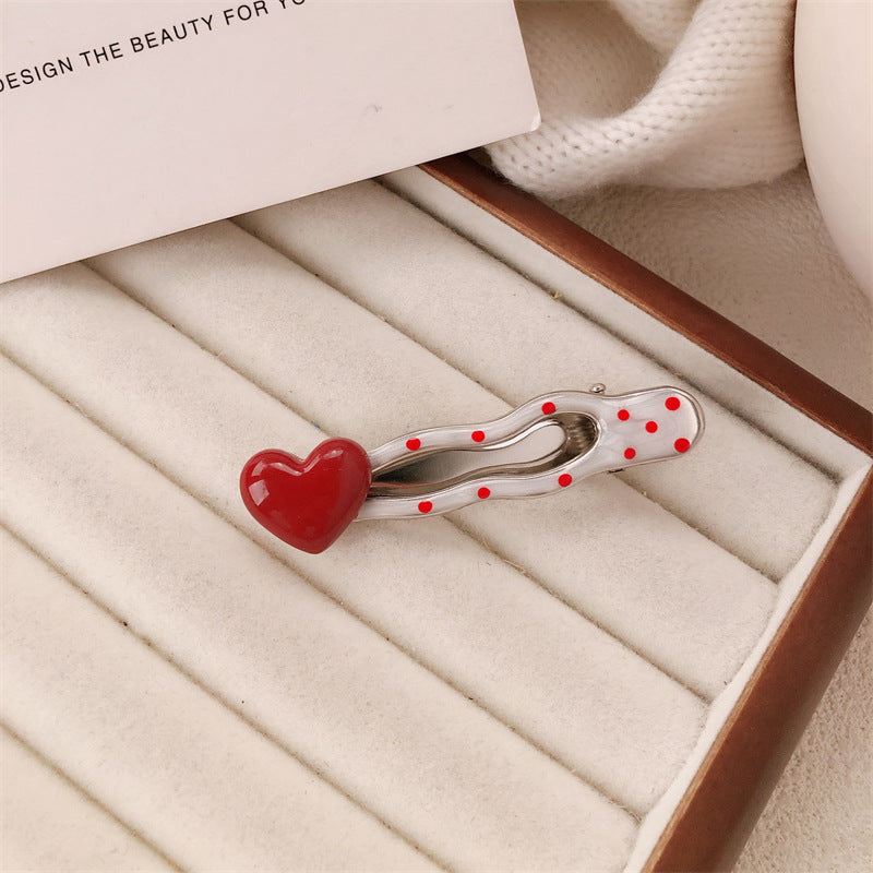 Red Stereo Love Heart-shaped Hairpin French Retro Dots Willow Leaf Clip