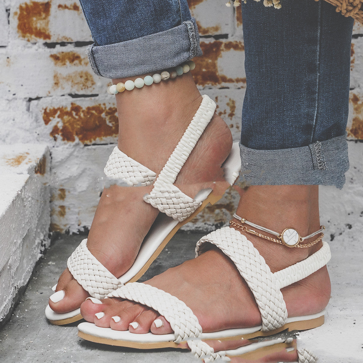 Summer Open-toed Straw Woven Casual Ladies Flat Low Sandals
