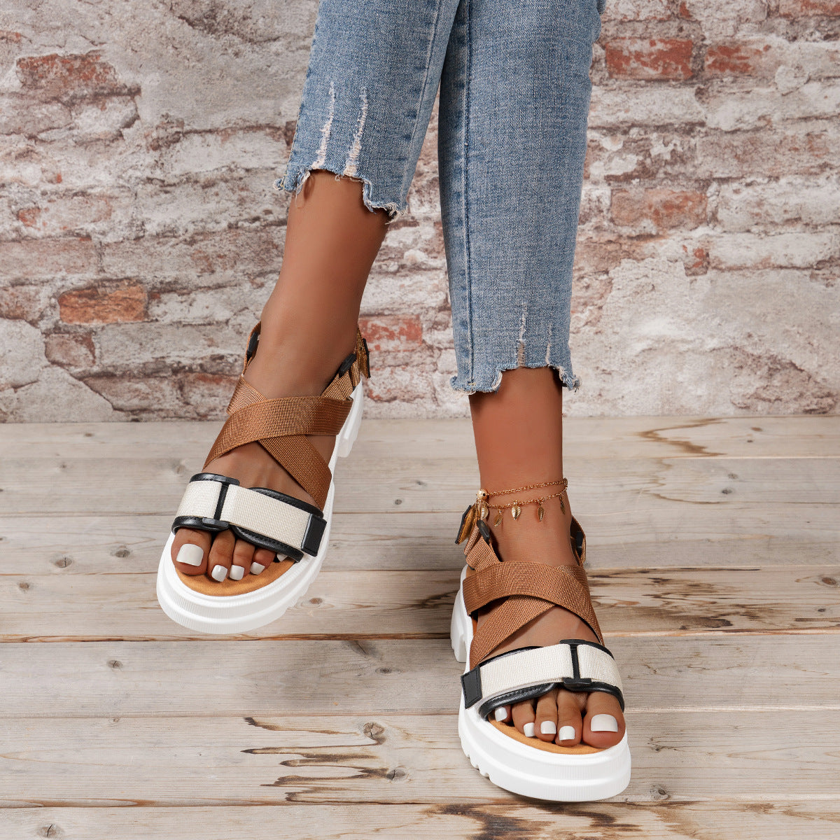 Summer Women's Thick Sole Velcro Toe Casual Sandals