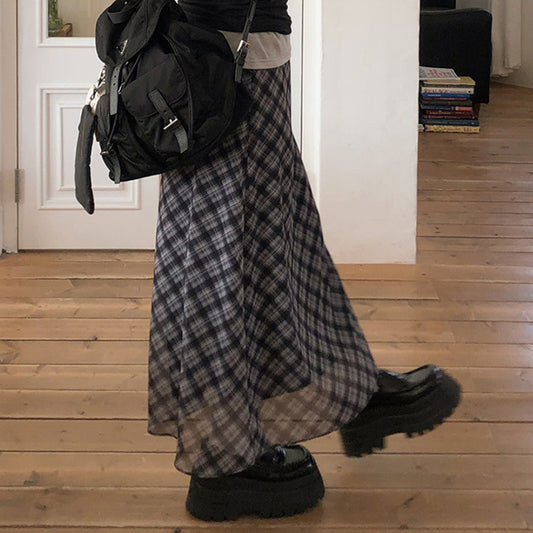 Retro Plaid Chiffon Patchwork Straight Skirt