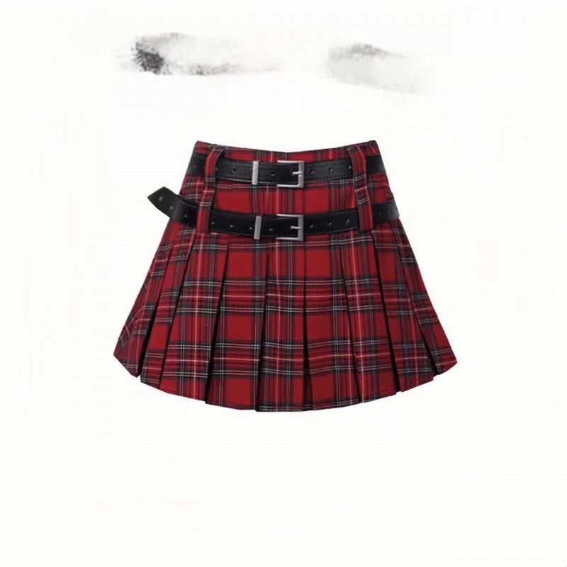 New Little Style Versatile Double Belt Short Skirt Fresh Plaid Pleated