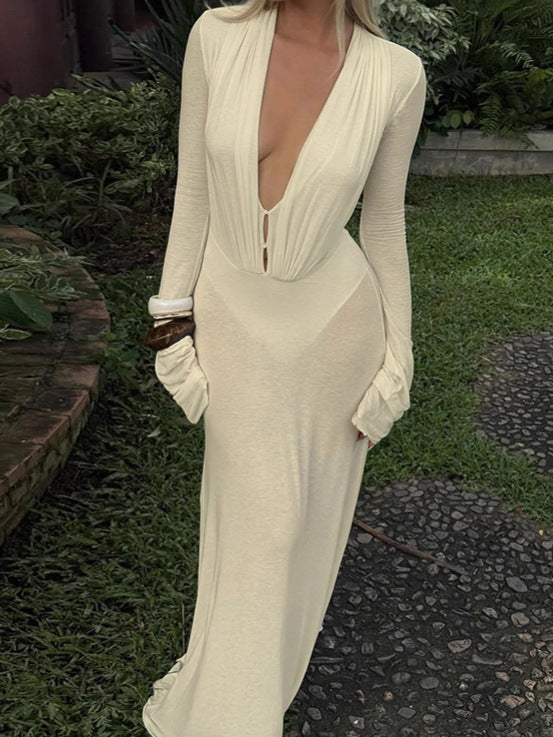 Womens Sexy Solid-Color Deep V-Neck Button-Front Bodycon High-Waist Long-Sleeve Dress