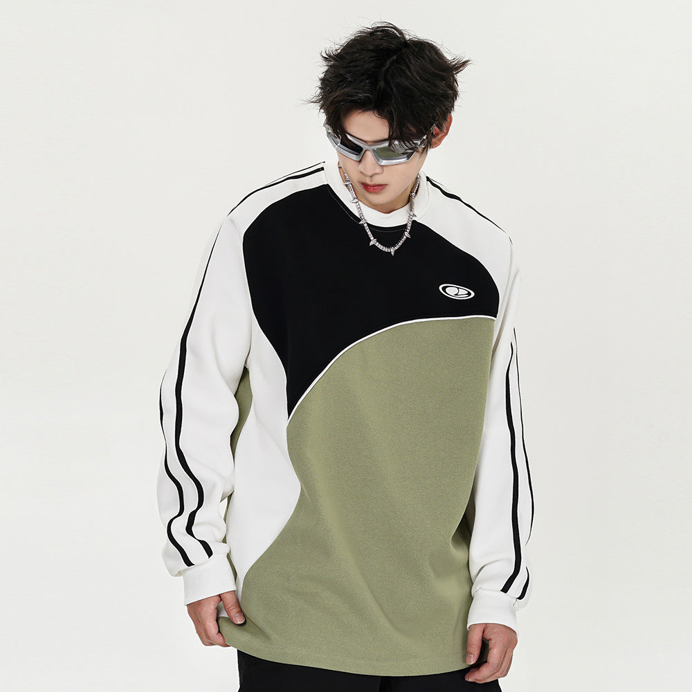 Ribbon Stitching Raglan Sleeve Round Neck Sweater Men